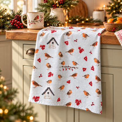 Winter Robin Christmas Tea Towel – Festive Bird & Berry Kitchen Towel