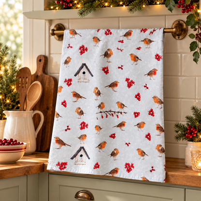 Winter Robin Christmas Tea Towel – Festive Bird & Berry Kitchen Towel