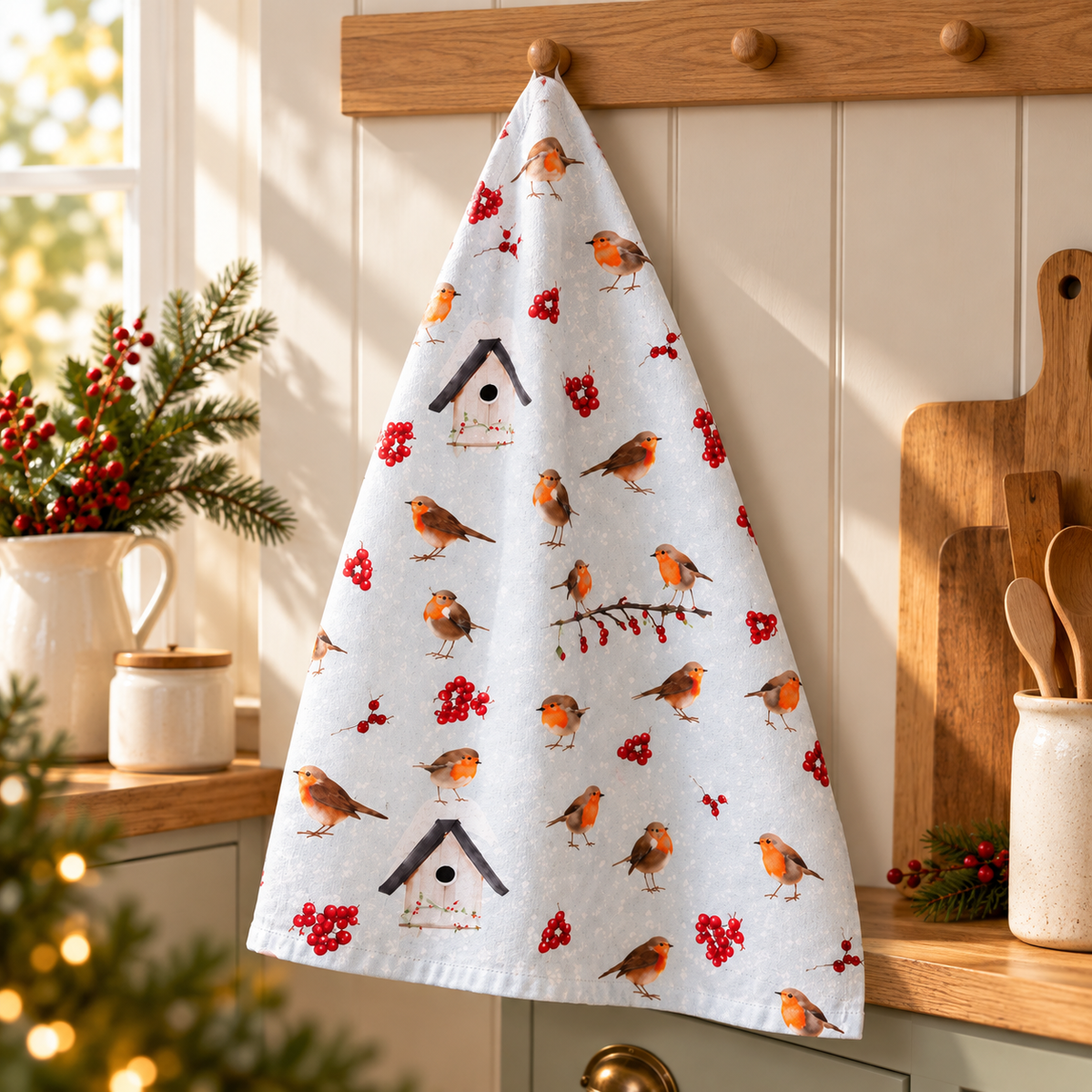 Winter Robin Christmas Tea Towel – Festive Bird & Berry Kitchen Towel