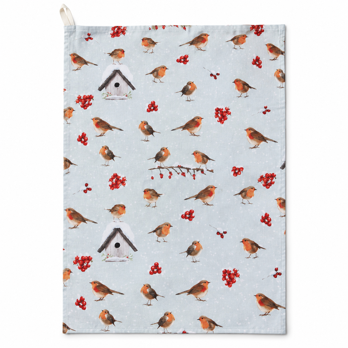 Winter Robin Christmas Tea Towel – Festive Bird & Berry Kitchen Towel