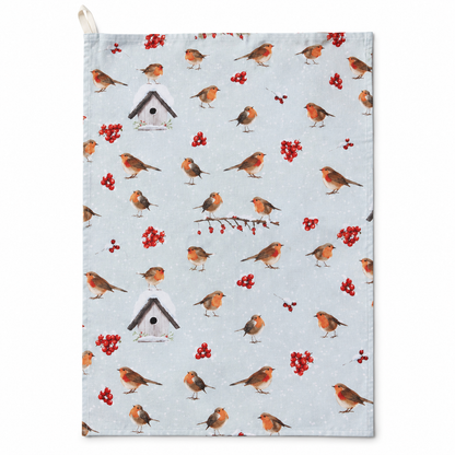 Winter Robin Christmas Tea Towel – Festive Bird & Berry Kitchen Towel