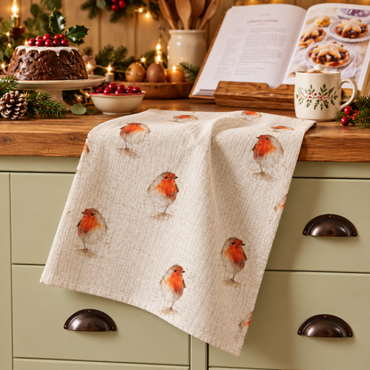 Christmas Robin Tea Towel – Natural Beige Linen Look Kitchen Towel
