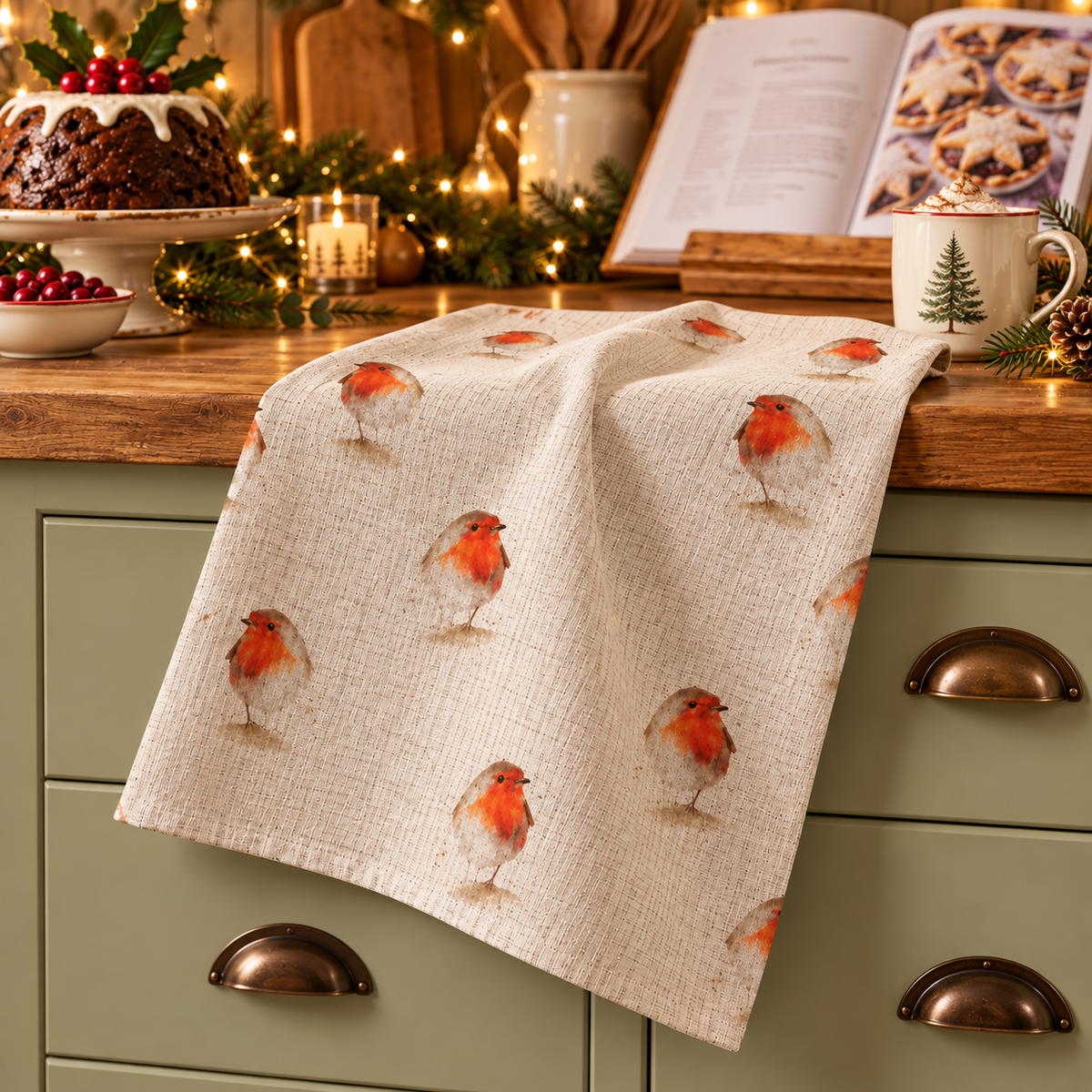 Christmas Robin Tea Towel – Natural Beige Linen Look Kitchen Towel