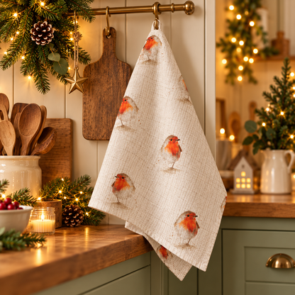 Christmas Robin Tea Towel – Natural Beige Linen Look Kitchen Towel