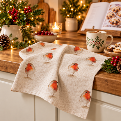 Christmas Robin Tea Towel – Natural Beige Linen Look Kitchen Towel