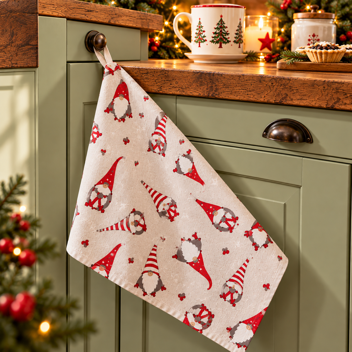 Christmas Gnome Tea Towel – Festive Cotton Rich Kitchen Towel