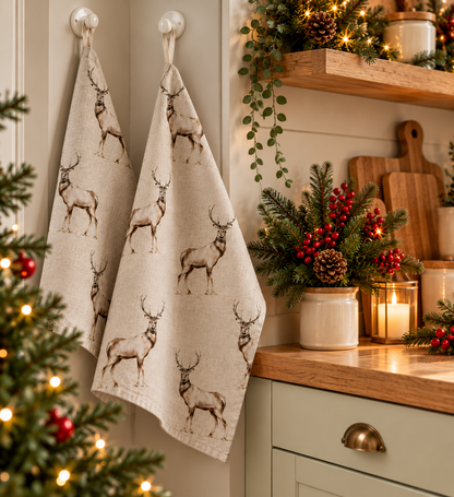 Weihnachts-Geschirrtücher, Küchentücher mit Hirschkopf- und Hirschmotiv, Wildtierdesign, Fryetts, 100 % Baumwolle, handgefertigt