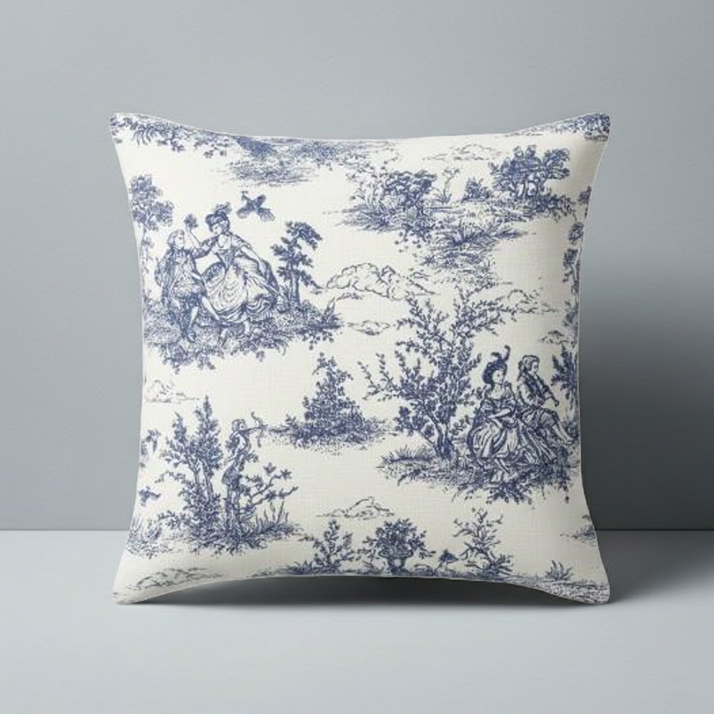 Blue Vintage French Toile De Jouy Cushion Cover