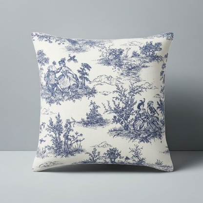 Blue Vintage French Toile De Jouy Cushion Cover
