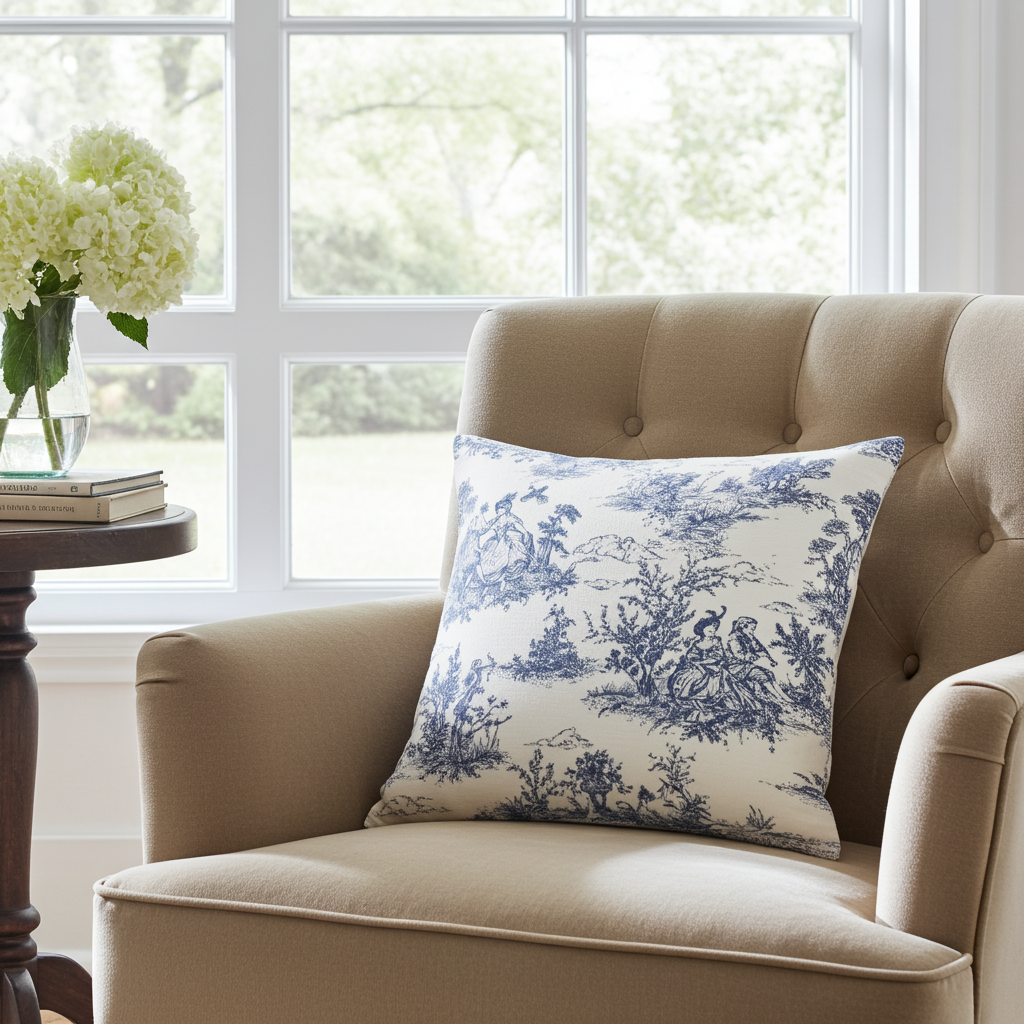 Blue Vintage French Toile De Jouy Cushion Cover