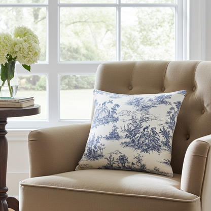 Blue Vintage French Toile De Jouy Cushion Cover
