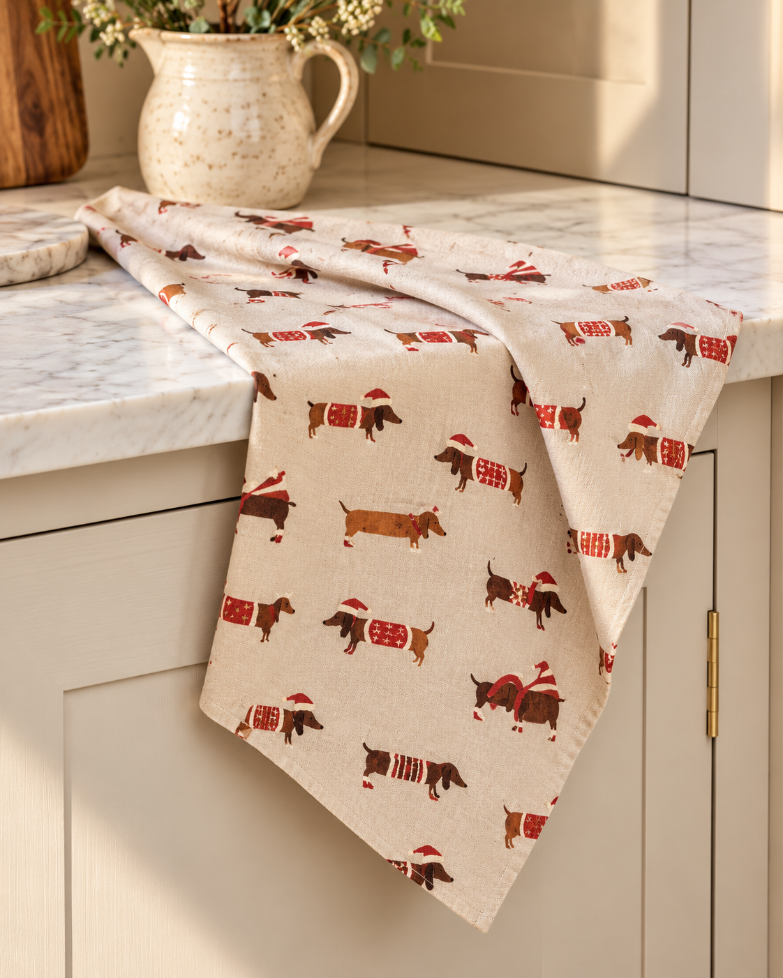 Christmas Dachshund Sausage Dog Tea Towel - Festive Kitchen Towel