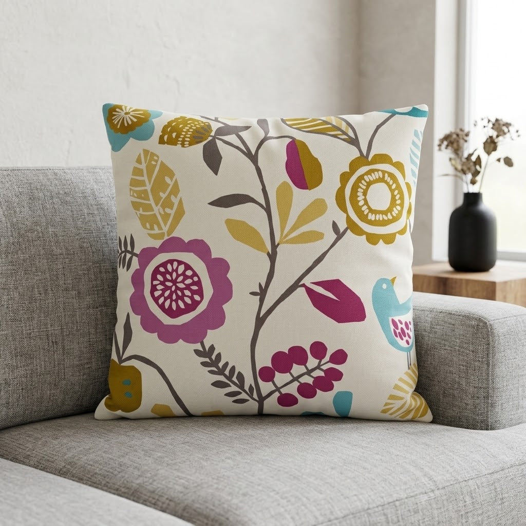 Federa per cuscino in cotone, motivo floreale con uccelli, colore: viola oliva mélange, 25,4 cm, 30,5 cm, 35,6 cm, 40,6 cm, 43,2 cm, 50,8 cm, 55,9 cm, 60,8 cm, 66,7 cm
