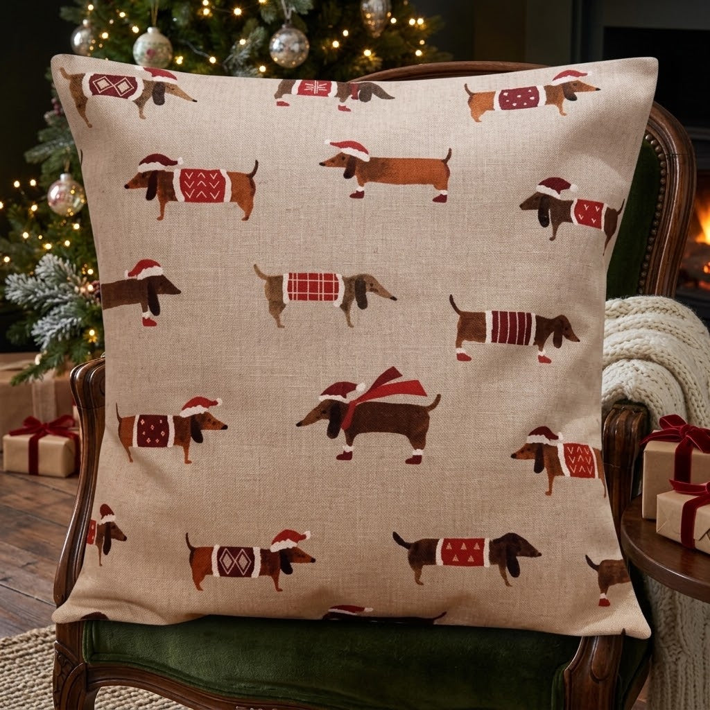 Christmas Cushion Cover Sausage Dog , Sausage Dog Pillow cover , Dogs  Pillow  , Cushion Cover UK  10" 12" 14" 16" 17" 18" 20" 22" 24" 26"
