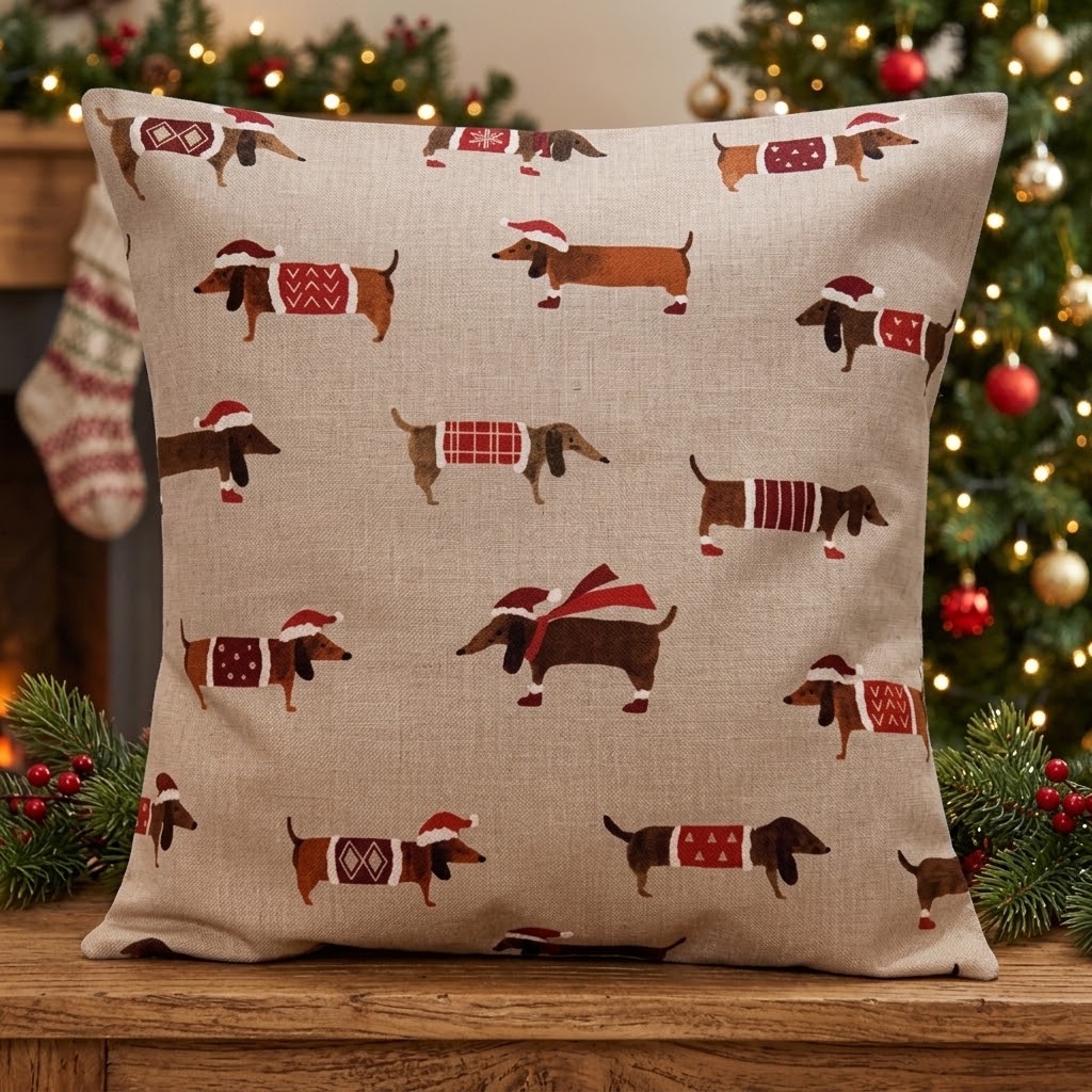 Christmas Cushion Cover Sausage Dog , Sausage Dog Pillow cover , Dogs  Pillow  , Cushion Cover UK  10" 12" 14" 16" 17" 18" 20" 22" 24" 26"
