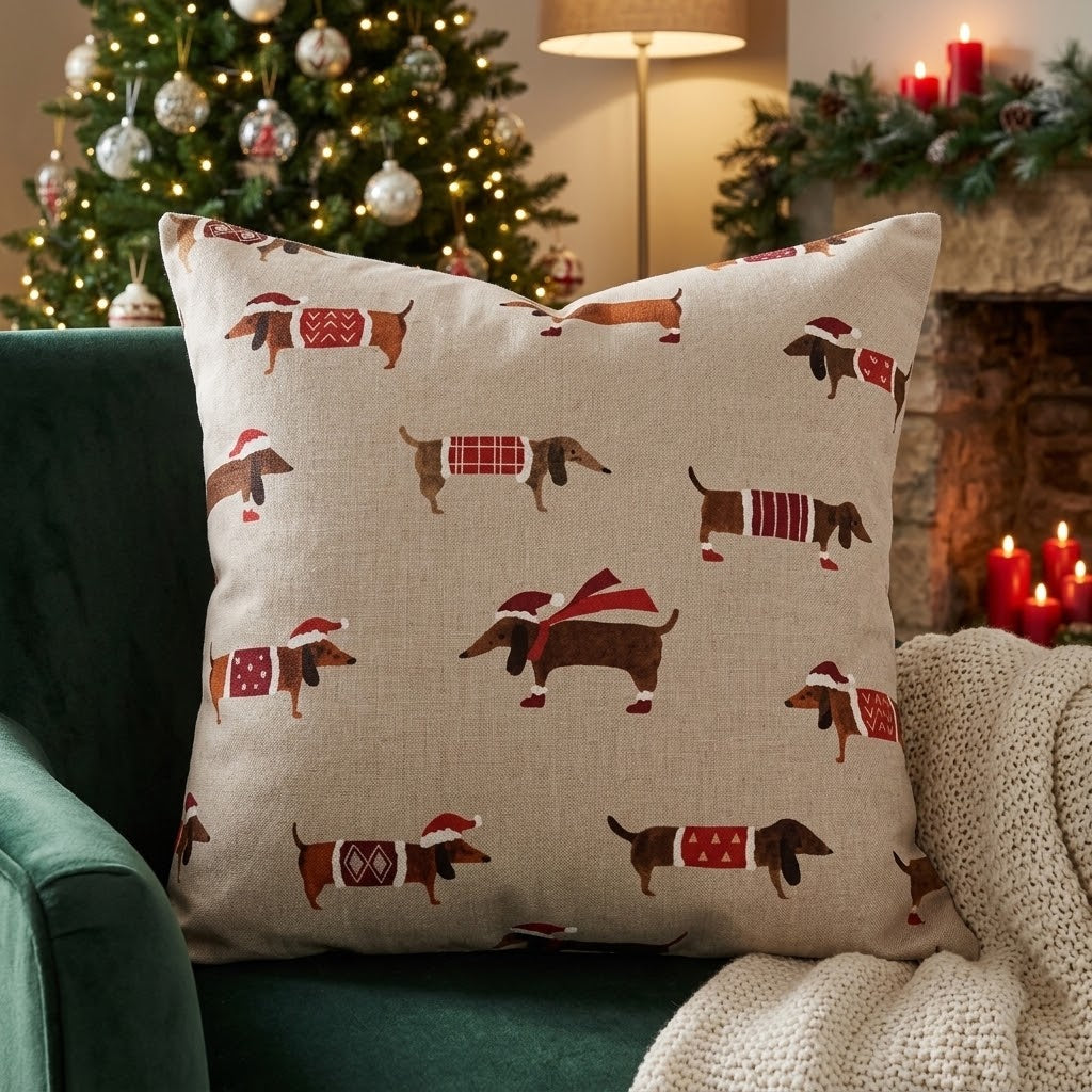 Christmas Cushion Cover Sausage Dog , Sausage Dog Pillow cover , Dogs  Pillow  , Cushion Cover UK  10" 12" 14" 16" 17" 18" 20" 22" 24" 26"
