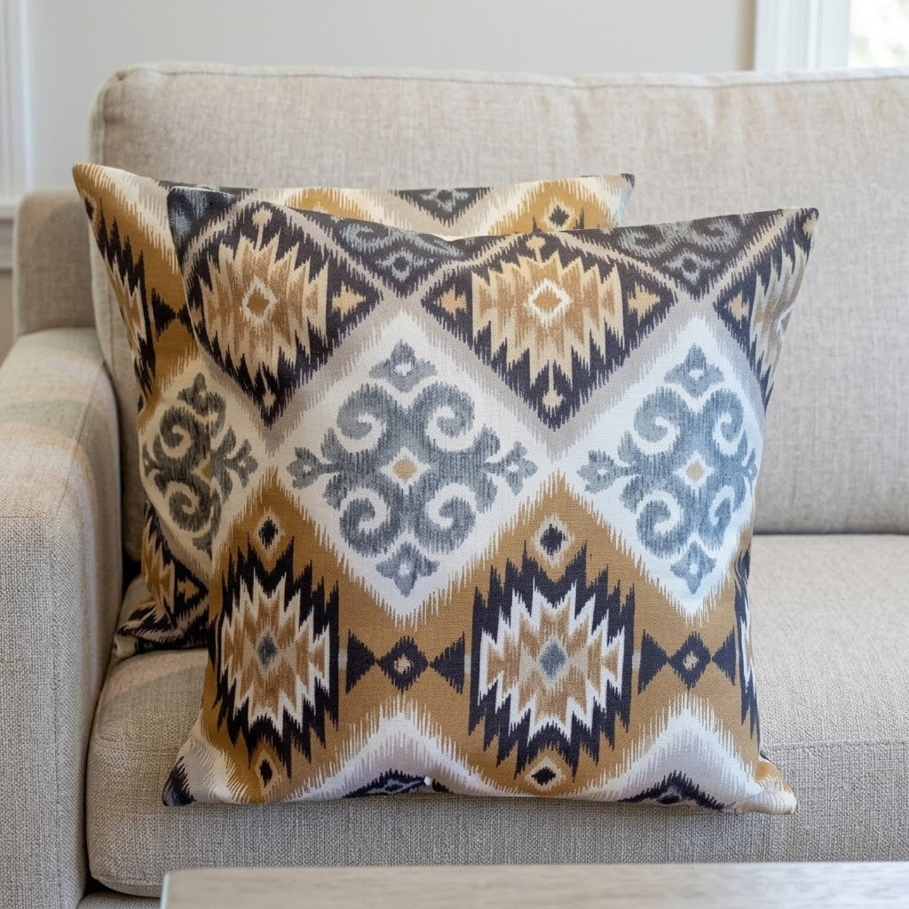 Kissenbezug im Navajo-Azteken-Stil mit geometrischem Muster, Tamarindenbraun und Beige, erhältlich in den Größen 25, 30, 35, 40, 43, 46, 46, 51, 56, 61 und 66 cm. Handgefertigt aus 100 % Baumwolle.