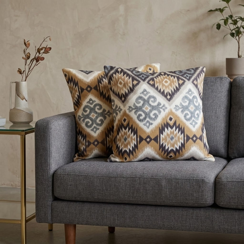 Kissenbezug im Navajo-Azteken-Stil mit geometrischem Muster, Tamarindenbraun und Beige, erhältlich in den Größen 25, 30, 35, 40, 43, 46, 46, 51, 56, 61 und 66 cm. Handgefertigt aus 100 % Baumwolle.