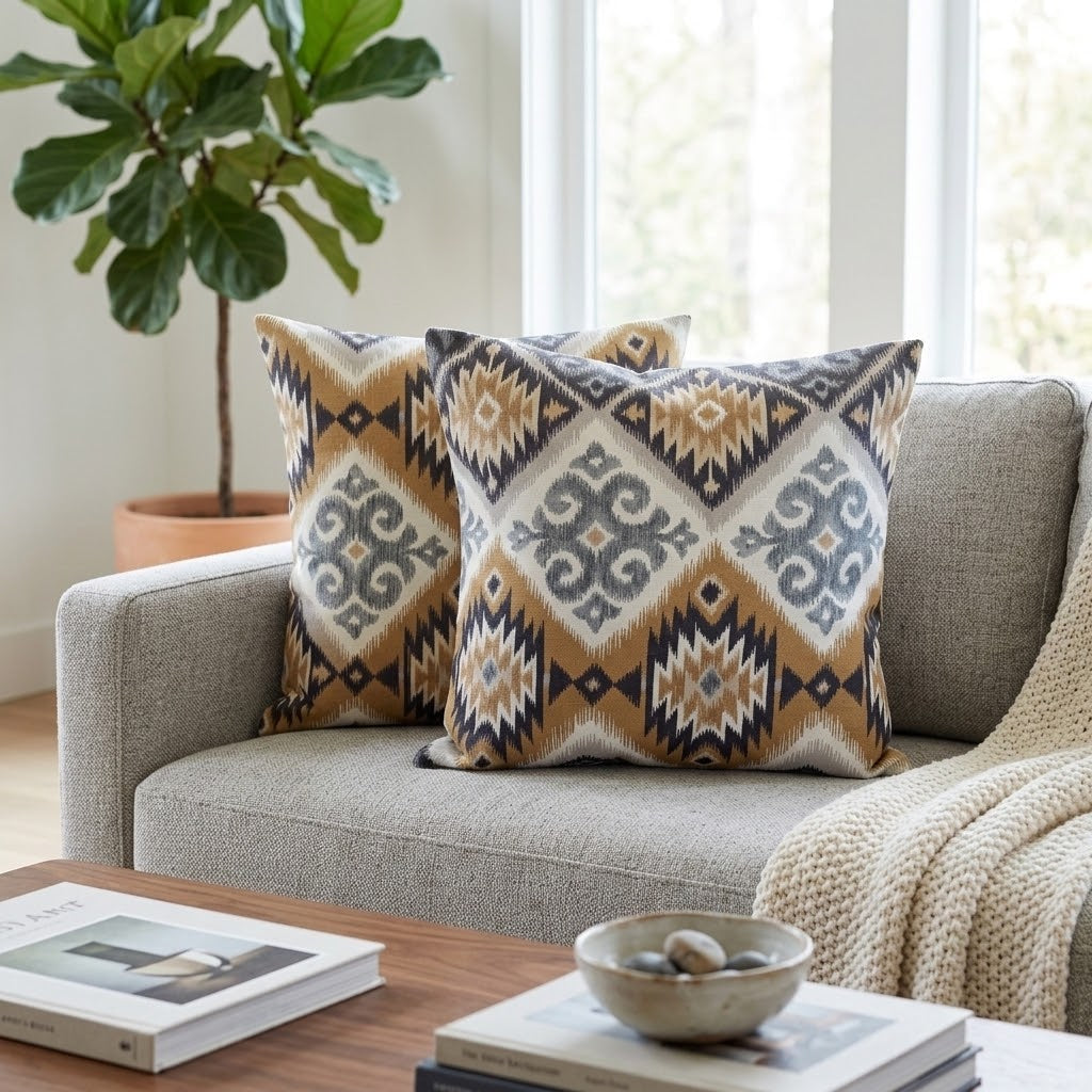 Kissenbezug im Navajo-Azteken-Stil mit geometrischem Muster, Tamarindenbraun und Beige, erhältlich in den Größen 25, 30, 35, 40, 43, 46, 46, 51, 56, 61 und 66 cm. Handgefertigt aus 100 % Baumwolle.