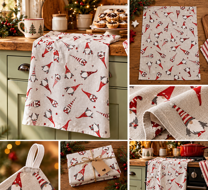 Christmas Gnome Tea Towel – Festive Cotton Rich Kitchen Towel