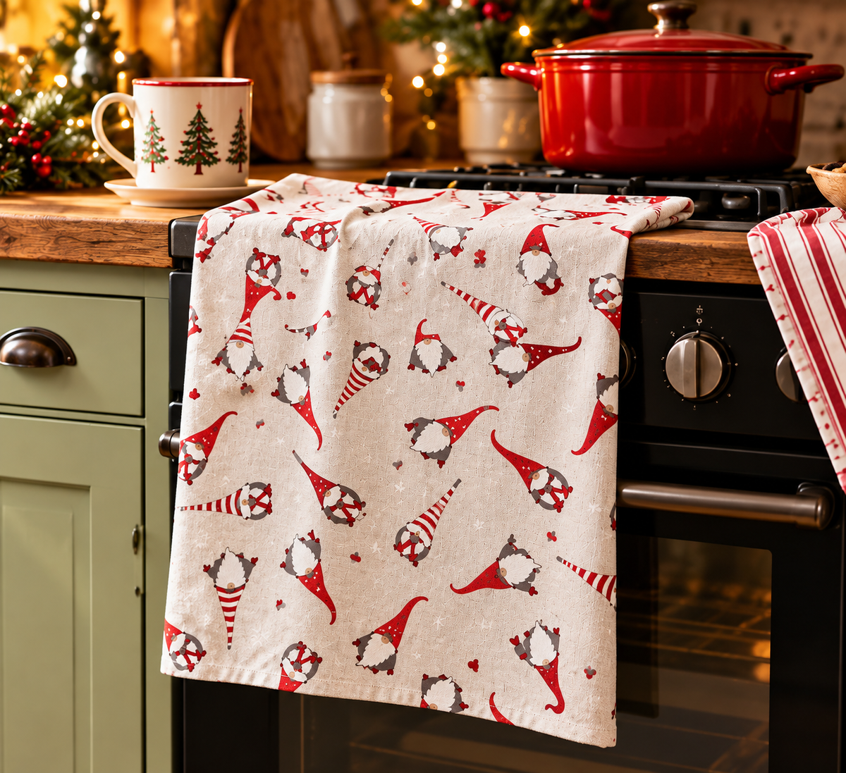 Christmas Gnome Tea Towel – Festive Cotton Rich Kitchen Towel