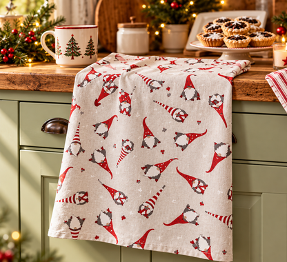 Christmas Gnome Tea Towel – Festive Cotton Rich Kitchen Towel