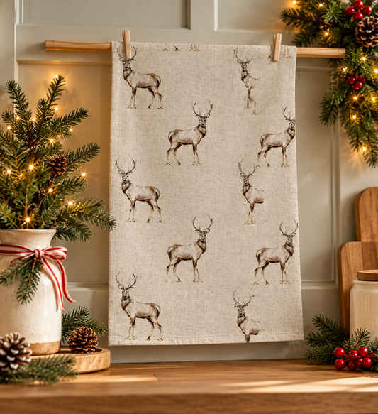 Glencoe Stag Christmas Tea Towel – Festive Woodland Deer Kitchen Towel