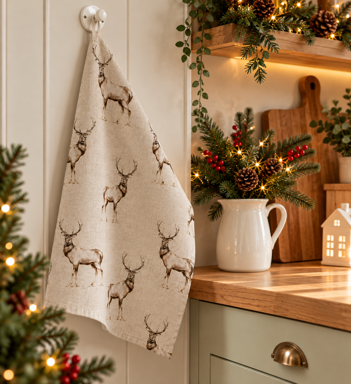 Weihnachts-Geschirrtücher, Küchentücher mit Hirschkopf- und Hirschmotiv, Wildtierdesign, Fryetts, 100 % Baumwolle, handgefertigt