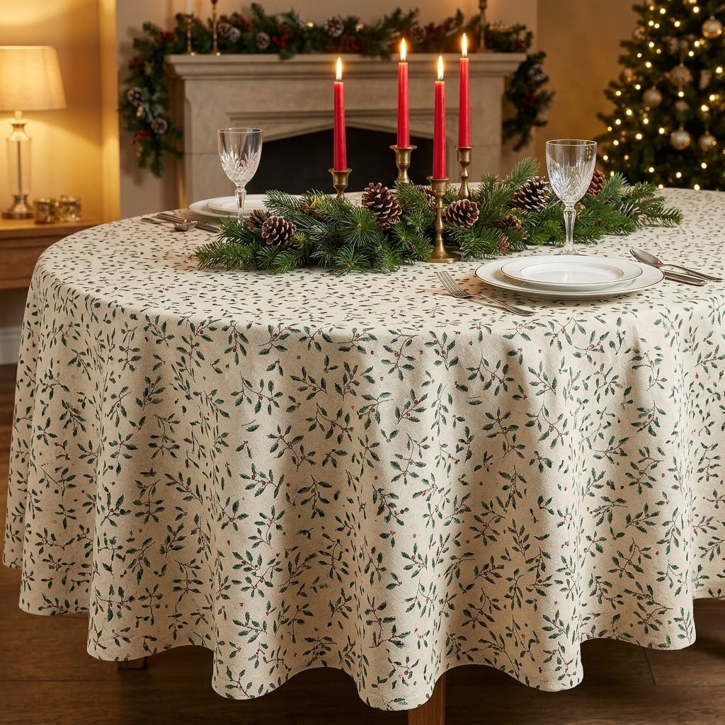 Christmas Holly & Berries Natural Cotton Tablecloth