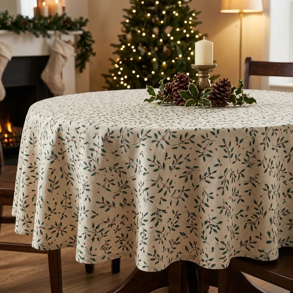 Christmas Holly & Berries Natural Cotton Tablecloth