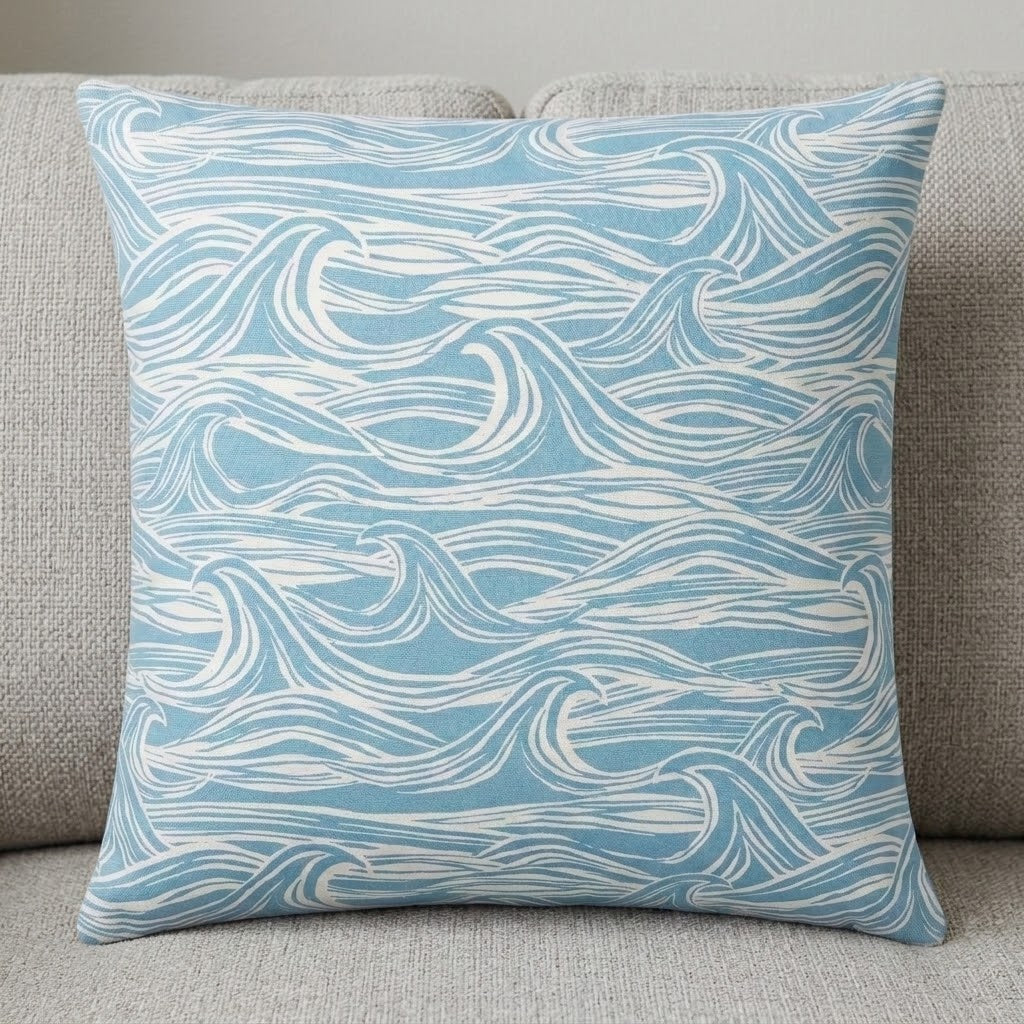 Ocean Waves Surf Aqua Blue Cushion Cover – Coastal Nautical Design
