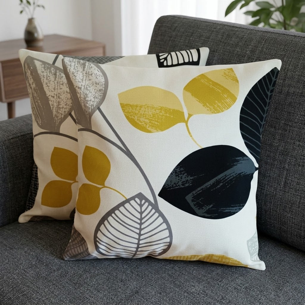 Autumn Leaf Black & Mustard Yellow Cushion Cover