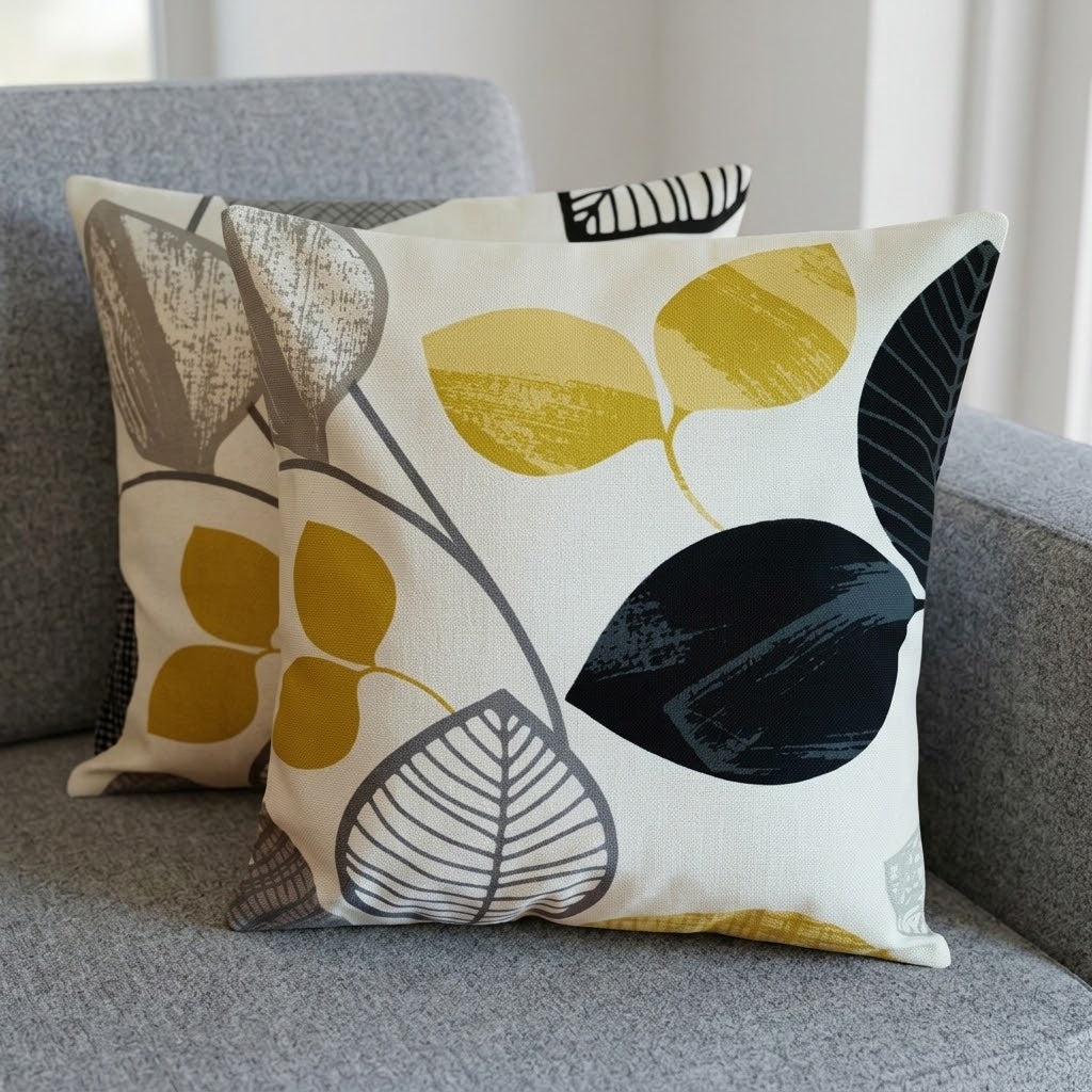 Autumn Leaf Black & Mustard Yellow Cushion Cover