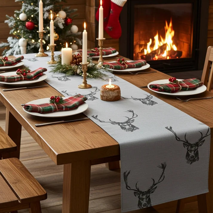 Christmas Stags Head Rustic Taupe Table Runner Napkins