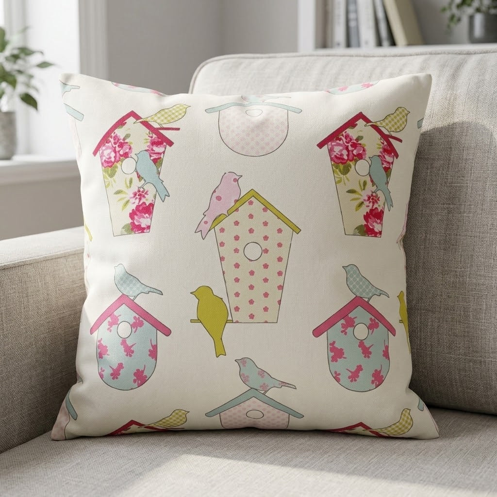 Ashley Wilde Birdhouse Birds Floral Pink Cushion Cover , Birds Cushion Cover , Scatter Cushions , Cushion Cover UK