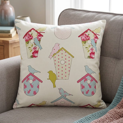 Ashley Wilde Birdhouse Birds Floral Pink Cushion Cover , Birds Cushion Cover , Scatter Cushions , Cushion Cover UK