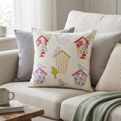 Ashley Wilde Birdhouse Birds Floral Pink Cushion Cover , Birds Cushion Cover , Scatter Cushions , Cushion Cover UK