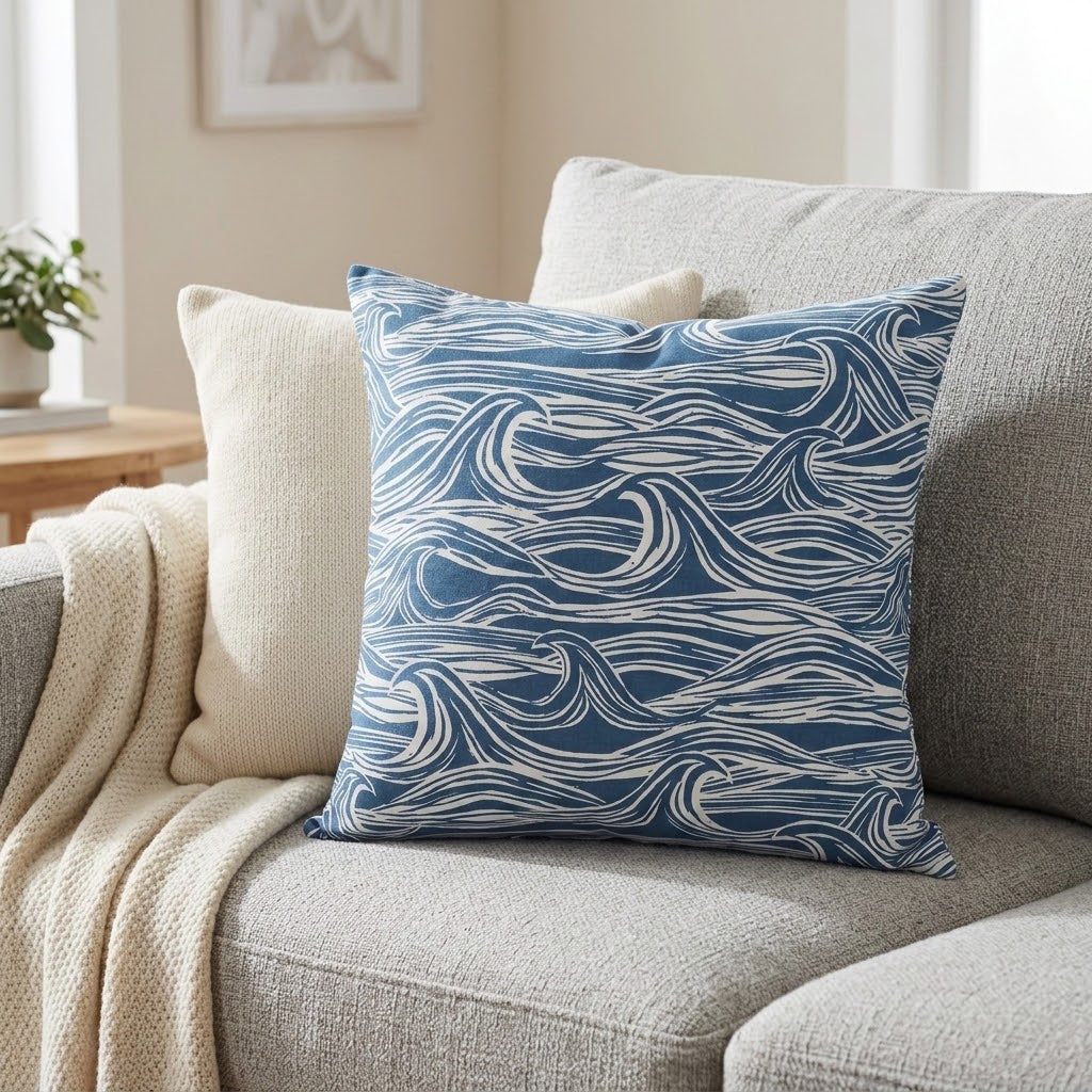 Ocean Waves Surf Navy Blue Cushion Cover – Coastal Nautical Design