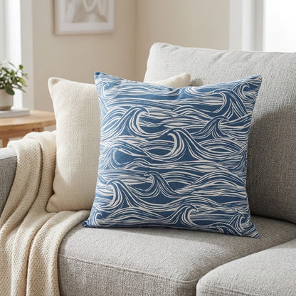 Ocean Waves Surf Navy Blue Cushion Cover – Coastal Nautical Design