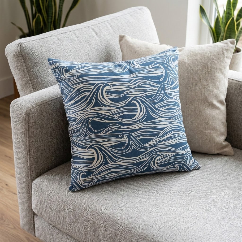 Ocean Waves Surf Navy Blue Cushion Cover – Coastal Nautical Design