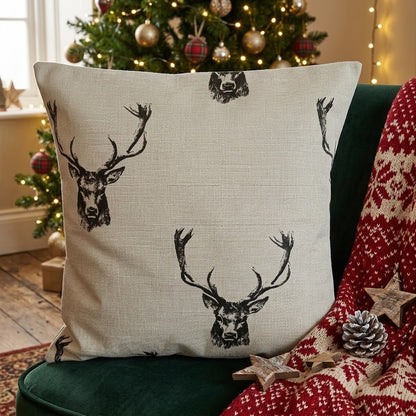 Rustic Stag Head Taupe Christmas Cushion Cover