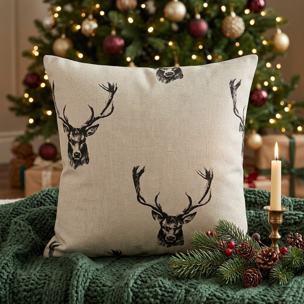 Rustic Stag Head Taupe Christmas Cushion Cover