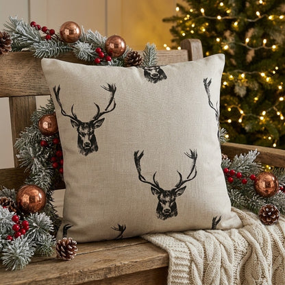 Rustic Stag Head Taupe Christmas Cushion Cover