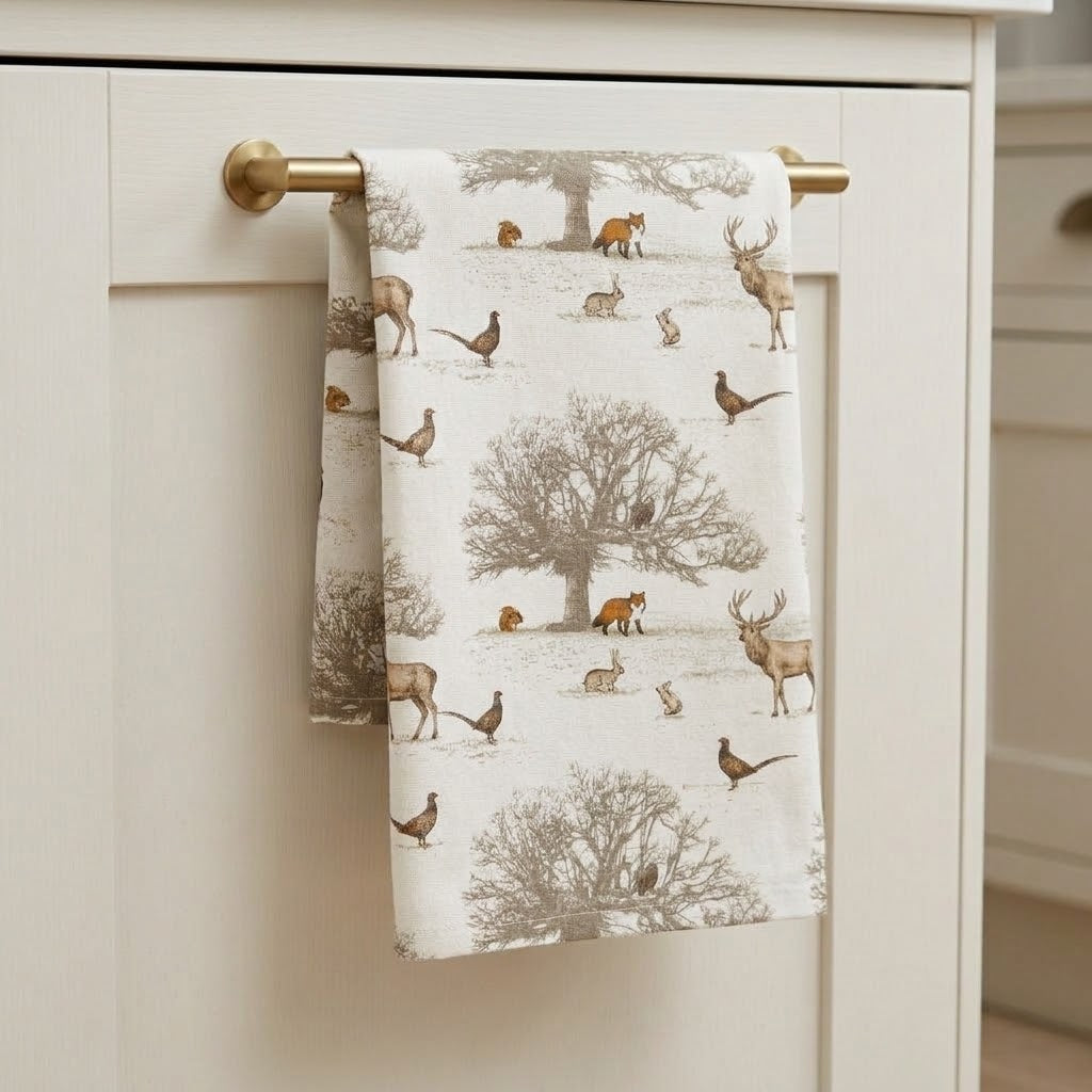 Woodland Stag & Deer Christmas Tea Towel – Tatton Autumn Wildlife Kitchen Towel