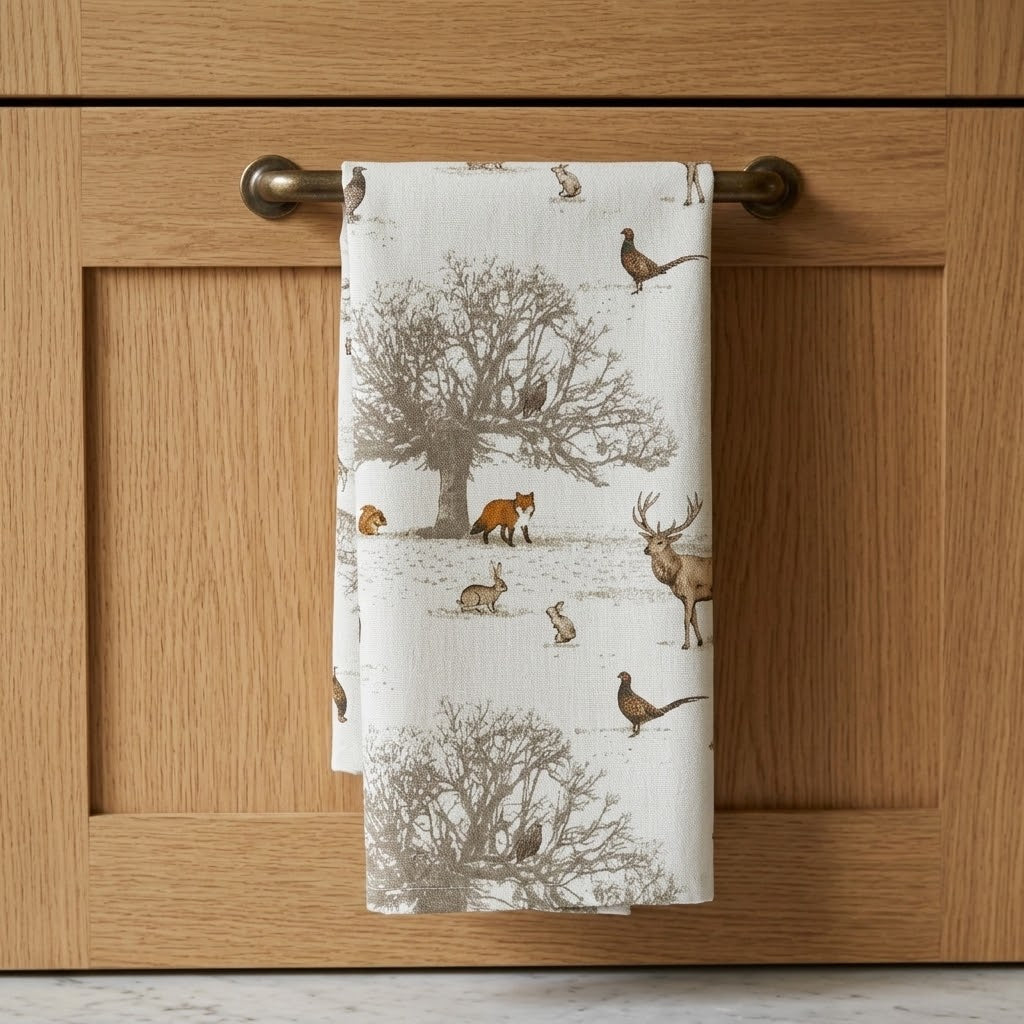 Woodland Stag & Deer Christmas Tea Towel – Tatton Autumn Wildlife Kitchen Towel