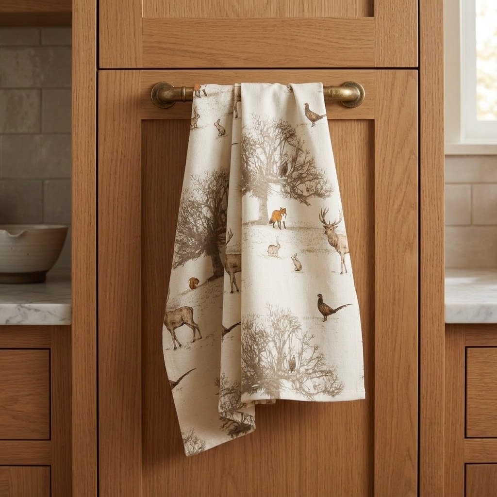 Woodland Stag & Deer Christmas Tea Towel – Tatton Autumn Wildlife Kitchen Towel