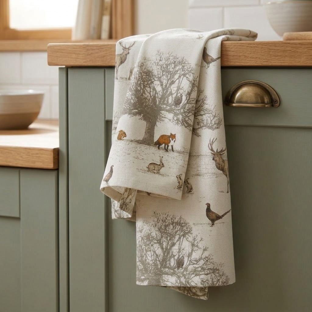 Woodland Stag & Deer Christmas Tea Towel – Tatton Autumn Wildlife Kitchen Towel