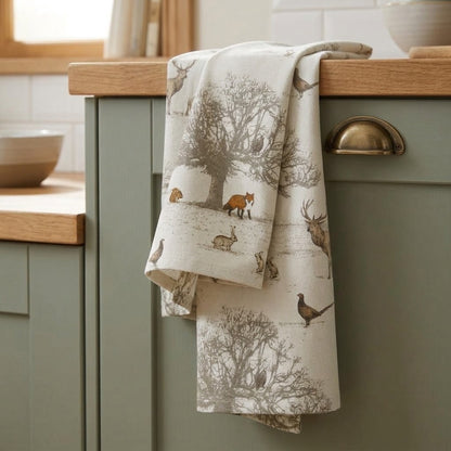 Woodland Stag & Deer Christmas Tea Towel – Tatton Autumn Wildlife Kitchen Towel