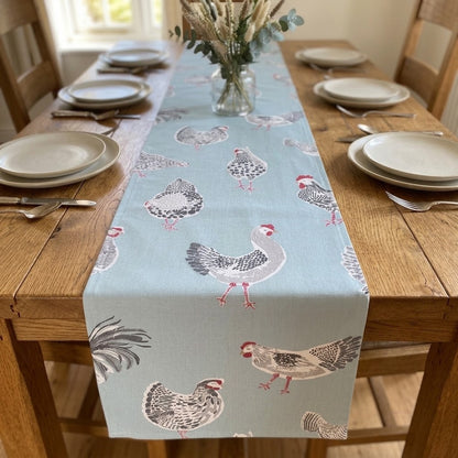 Runner da tavolo con motivo gallo, gallina e pollo, runner da tavolo con motivo uovo d'anatra blu, runner da tavolo pasquale 36" 48" 54" 60" 64" 72" 84" 96" 104"
