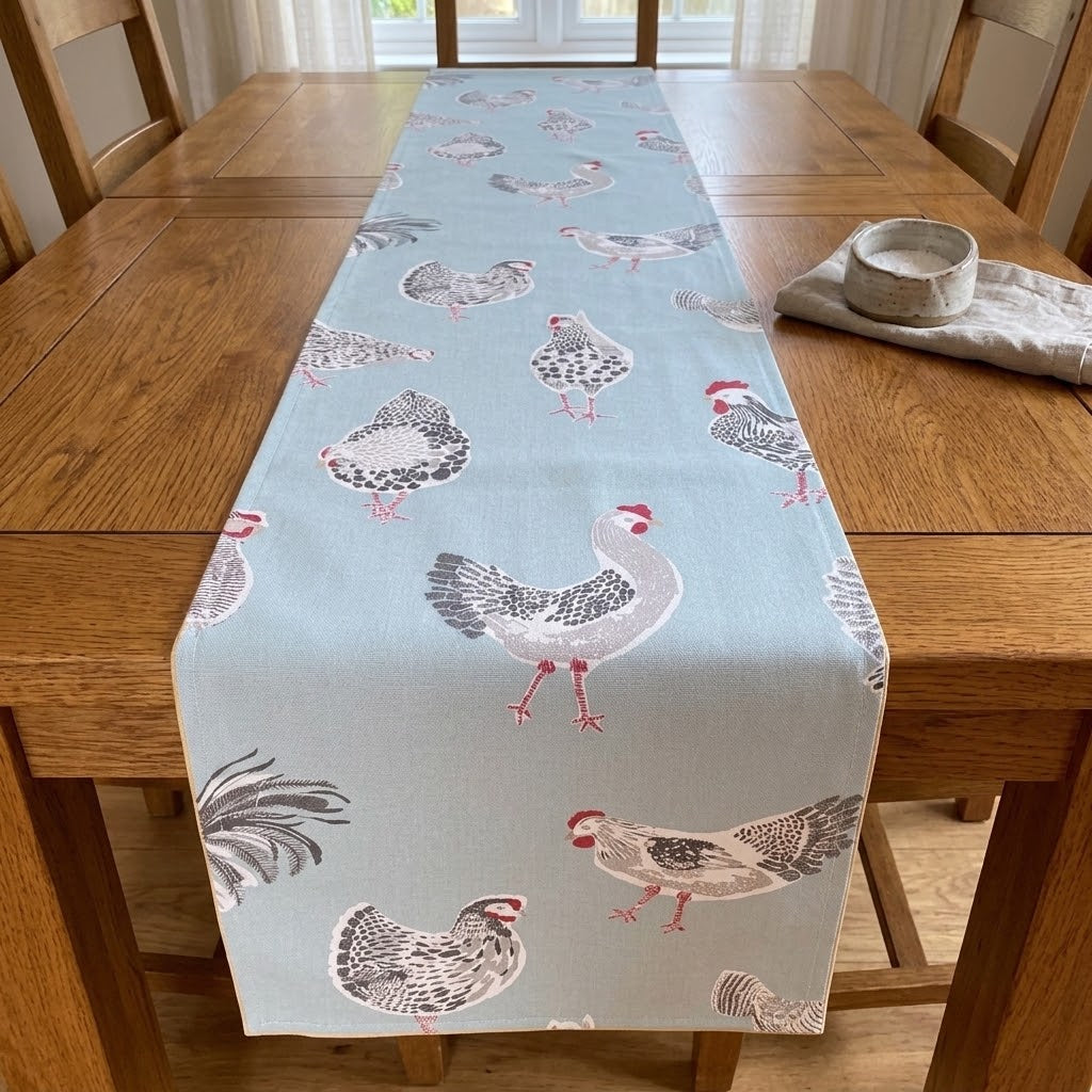 Runner da tavolo con motivo gallo, gallina e pollo, runner da tavolo con motivo uovo d'anatra blu, runner da tavolo pasquale 36" 48" 54" 60" 64" 72" 84" 96" 104"